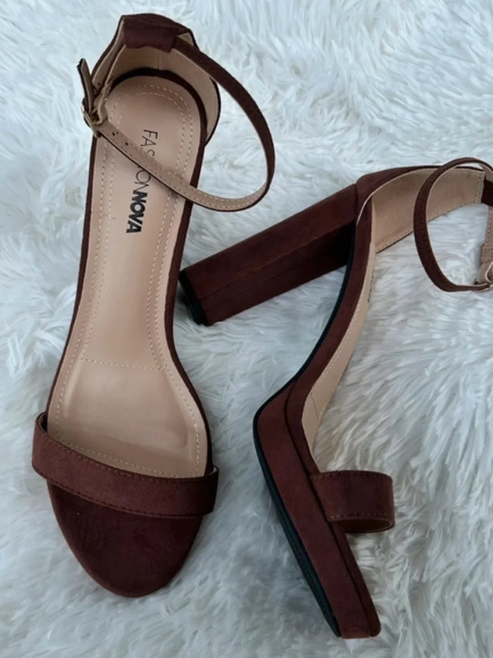 Fashion Nova Dark Brown Suede Block Heel Ankle Strap Sandals